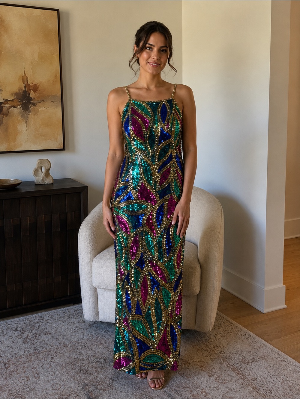 Vintage Sequin Beaded Multicolor Gown